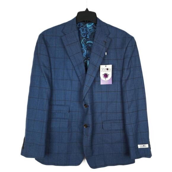 Tayion Men's Classic-Fit Stretch Wool Suit Jacket Navy/Brown Windowpane 42L NWT - Picture 1 of 4
